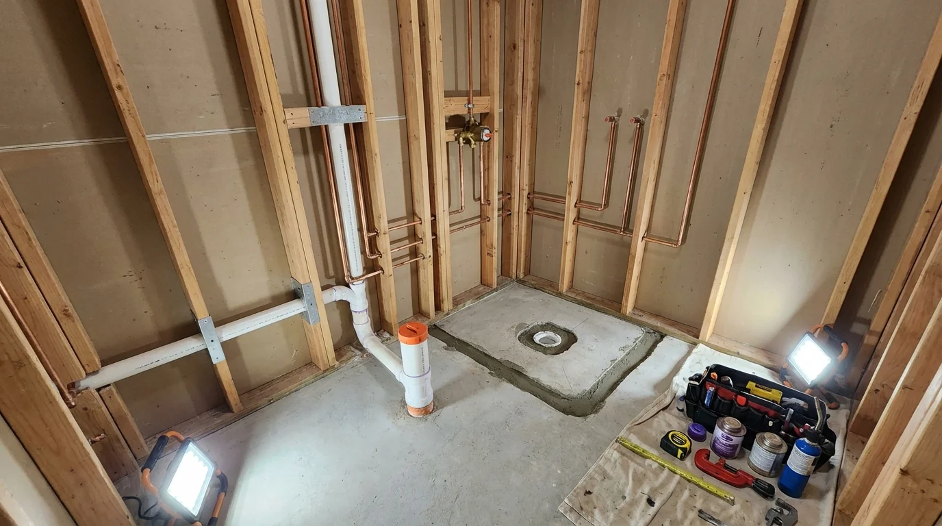 Bathroom rough-in plumbing during remodel by Johns Plumbing LLC in Hicksville