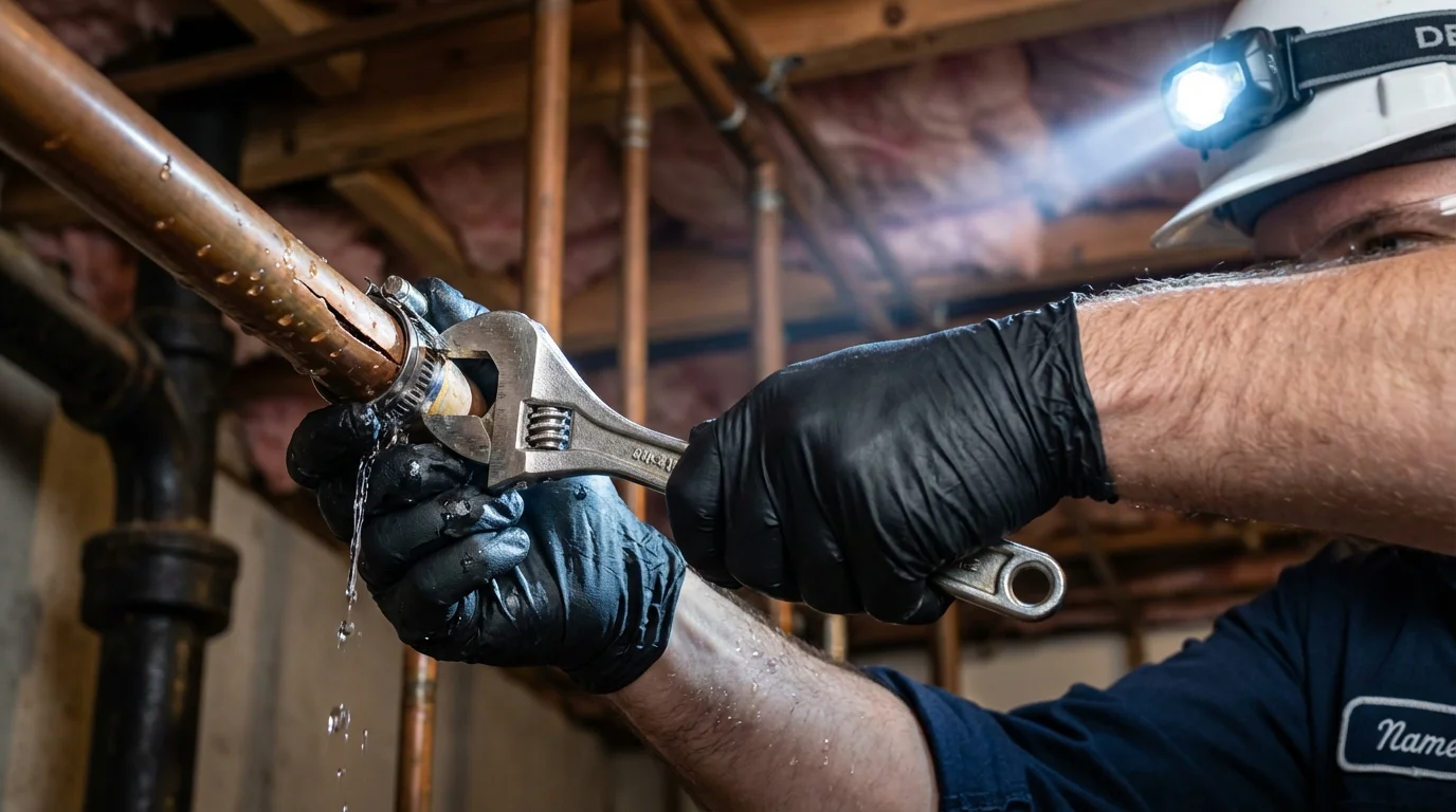 Emergency pipe clamp repair being performed by a Johns Plumbing LLC plumber in Hicksville