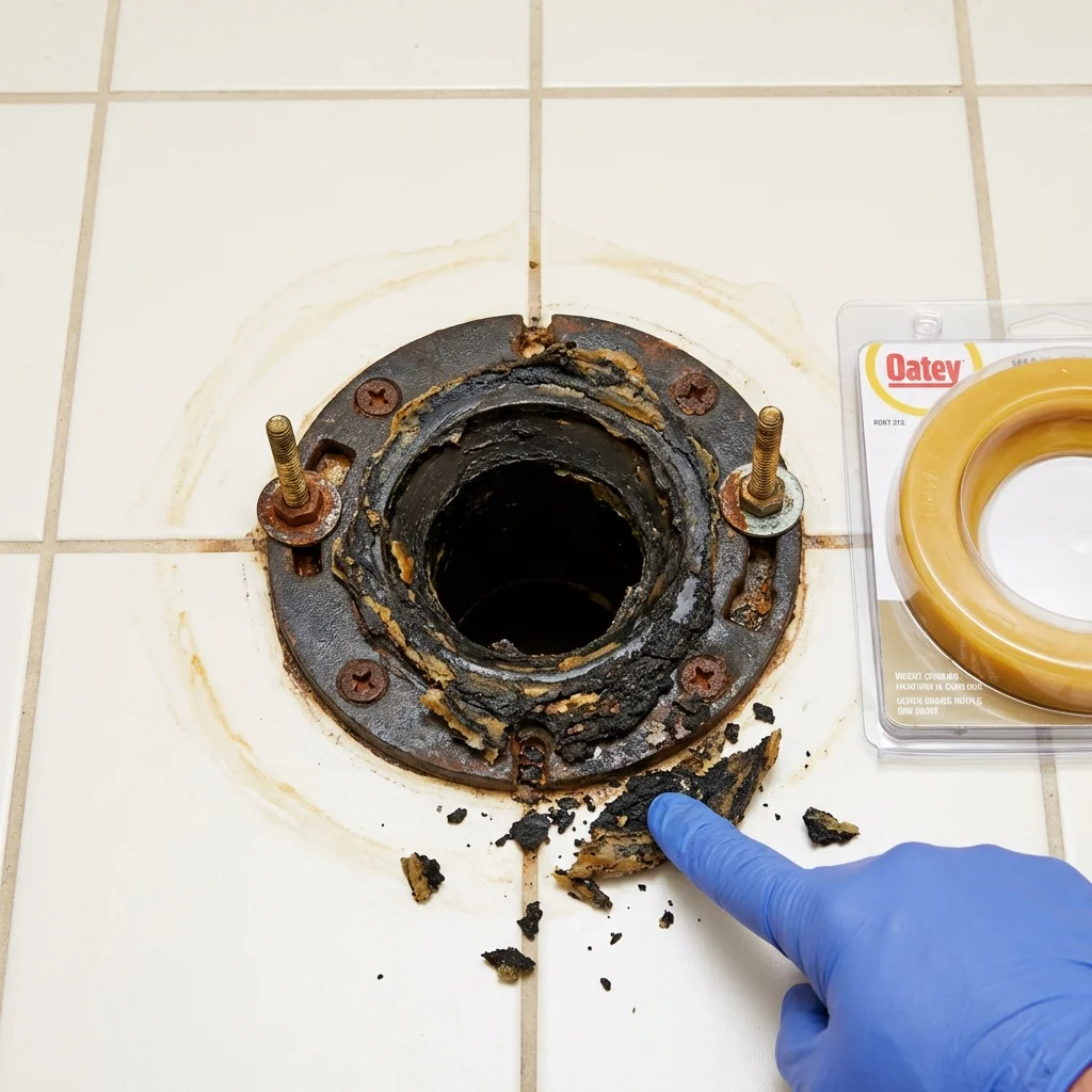 Failed wax ring showing water seepage at the base of a toilet in a Hicksville, OH home