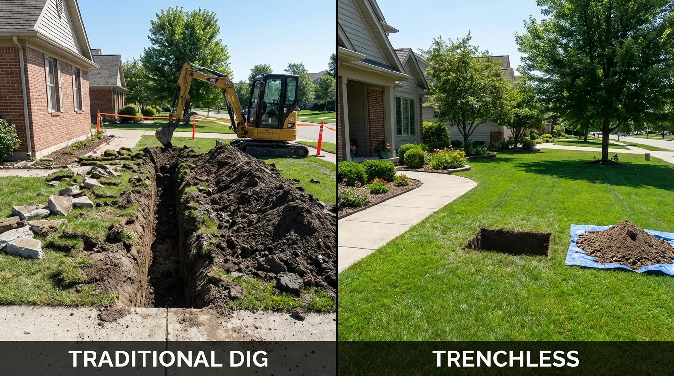 Trenchless sewer repair with minimal yard damage versus traditional excavation in Hicksville, OH