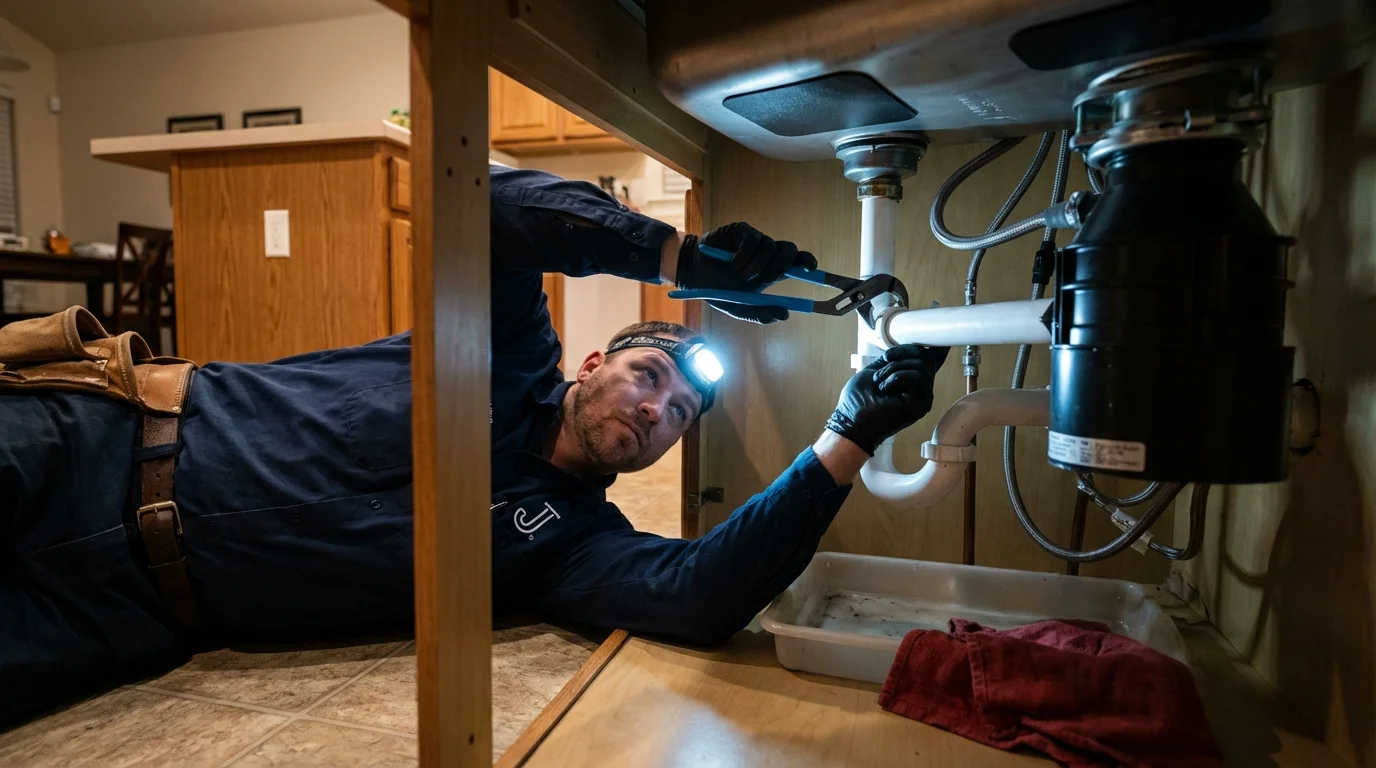 P-trap and supply line connections under a kitchen sink showing a common leak point in Hicksville, OH